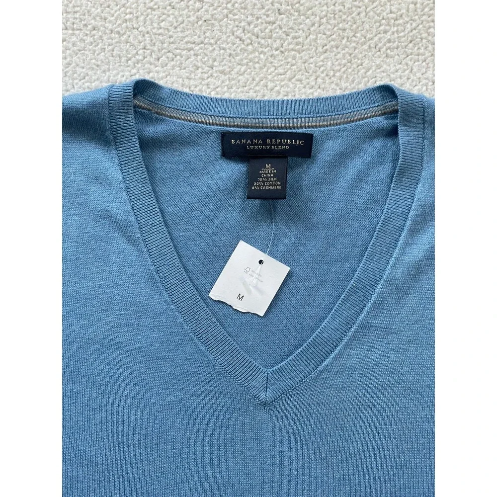 Banana Republic Men Medium Sweater Blue Silk Cotton Cashmere V-Neck Luxury Blend